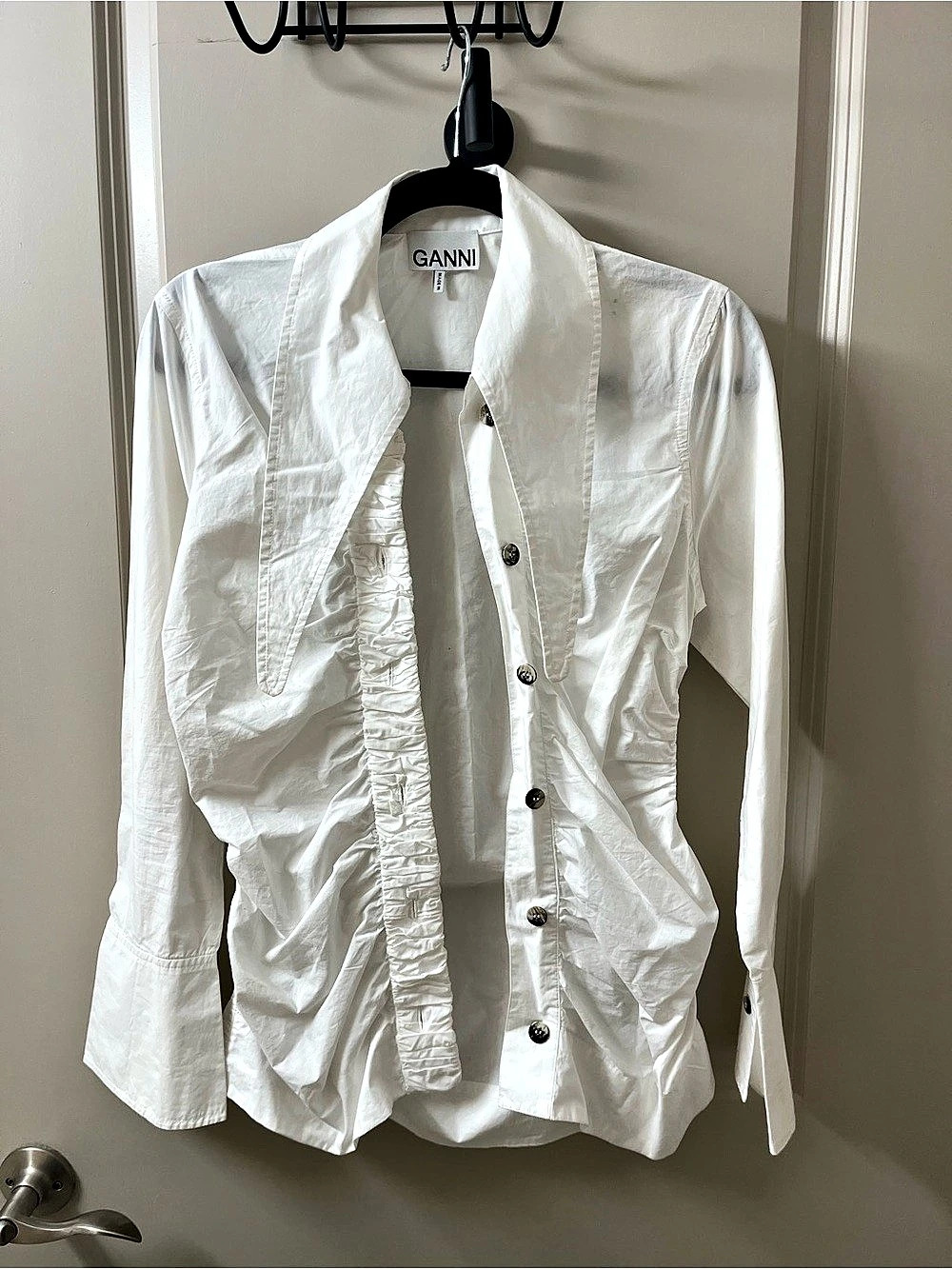 GANNI Cotton Poplin Ruched Shirt White